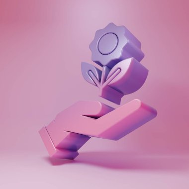 Mor Pembe El çiçek ikonunu pembe arka planda izole etti. Tohum ve tohum. Fidan dikiyorum. Ekoloji konsepti. Minimalizm kavramı. 3 Boyutlu resimleme.