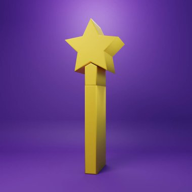 Sarı Sihirli çubuk simgesi mor arkaplanda izole edildi. Yıldız şeklinde sihirli aksesuar. Sihirli güç. Minimalizm kavramı. 3 Boyutlu resimleme.