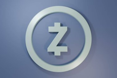 Mor-mavi arka planda izole edilmiş gri kripto para Zcash ZEC simgesi. Dijital para birimi. Altcoin sembolü. Engelleme zinciri tabanlı şifreli para birimi. Minimalizm kavramı. 3 Boyutlu resimleme.