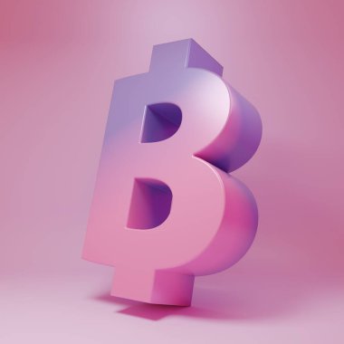 Pembe arka planda izole edilmiş mor-pembe kripto sikke Bitcoin simgesi. Madeni para. Engelleme zinciri tabanlı şifreli para birimi. Minimalizm kavramı. 3 Boyutlu resimleme.