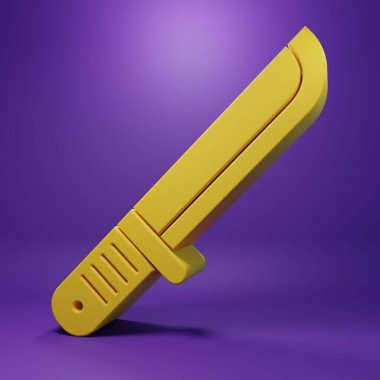 Sarı Avcı bıçak ikonu, mor arka planda izole edilmiş. Ordu bıçağı. Minimalizm kavramı. 3 Boyutlu resimleme.