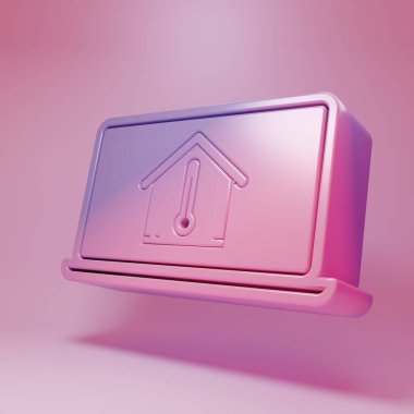 Pembe arka planda ev sıcaklığı ikonu olan pembe dizüstü bilgisayar. Termometre simgesi. Minimalizm kavramı. 3 Boyutlu resimleme.
