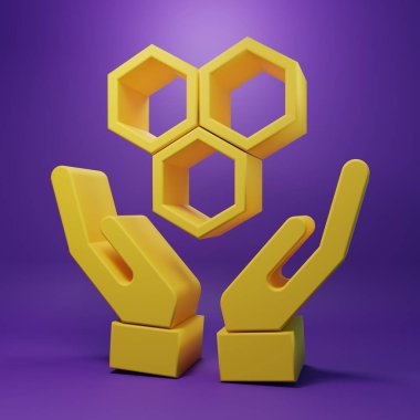 Sarı bal peteği ve eller simgesi mor arkaplanda izole edilmiş. Bal hücrelerinin sembolü. Tatlı doğal yemek. Minimalizm kavramı. 3 Boyutlu resimleme.