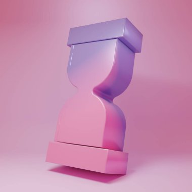 Purple-pink Old hourglass with flowing sand icon isolated on pink background. Sand clock sign. Business and time management concept. Minimalism concept. 3D render illustration.