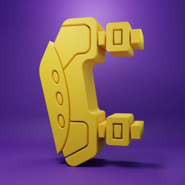 Sarı dizlik simgesi mor arkaplanda izole edildi. Olağanüstü bir spor. Spor malzemeleri. Kaykay, bisiklet, paten kayma koruyucu giysi. Minimalizm kavramı. 3 Boyutlu resimleme.