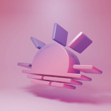 Pembe arka planda izole edilmiş mor-pembe gündoğumu ikonu. Minimalizm kavramı. 3 Boyutlu resimleme.