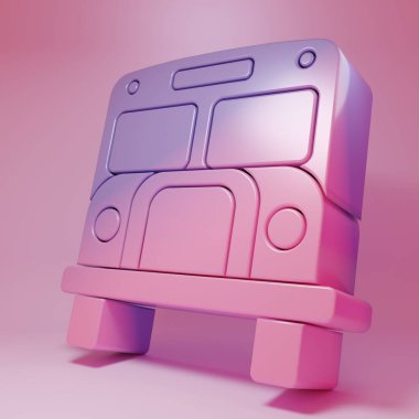 Pembe arka planda Mor Pembe Okul Otobüsü simgesi var. Toplu taşıma sembolü. Minimalizm kavramı. 3 Boyutlu resimleme.