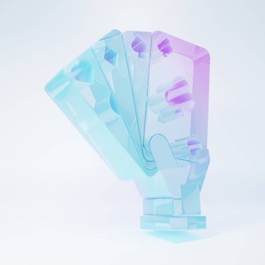 Frosted glass Hand holding playing cards icon isolated on white background. Casino game design. Minimalism concept. 3D render illustration.