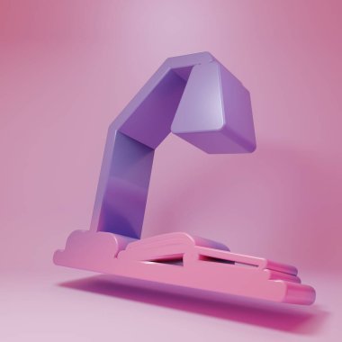 Masa lambası ve pembe arka planda izole edilmiş açık kitap ikonu olan mor-pembe çalışma yeri. Ofis lambası. Minimalizm kavramı. 3 Boyutlu resimleme.