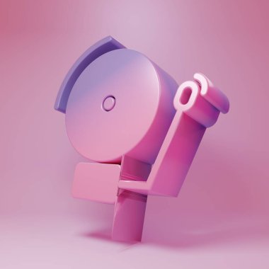 Mor-pembe zil ikonu pembe arka planda izole edilmiş. Alarm sembolü, servis zili, el zili işareti, uyarı sembolü. Minimalizm kavramı. 3 Boyutlu resimleme.