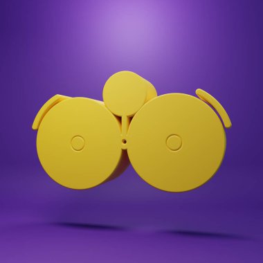 Sarı alarm zili simgesi mor arkaplanda izole edildi. Alarm sembolü, servis zili, el zili işareti, uyarı sembolü. Minimalizm kavramı. 3 Boyutlu resimleme.