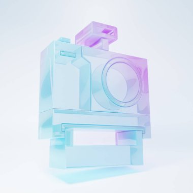 Frosted glass Photo camera icon isolated on white background. Foto camera icon. Minimalism concept. 3D render illustration.
