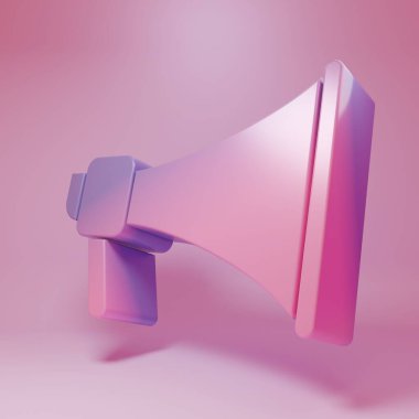 Pembe arka planda izole edilmiş mor-pembe megafon simgesi. Sözcü işareti. Minimalizm kavramı. 3 Boyutlu resimleme.