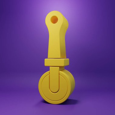 Sarı Pizza bıçak ikonu, mor arka planda izole edilmiş. Pizza kesme tabelası. Çelik mutfak gereçleri. Minimalizm kavramı. 3 Boyutlu resimleme.