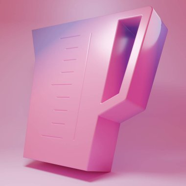 Purple-pink Measuring cup to measure dry and liquid food icon isolated on pink background. Plastic graduated beaker with handle. Minimalism concept. 3D render illustration.