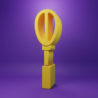 Sarı Mutfak çırpma simgesi mor arkaplanda izole edildi. Mutfak aletleri, yumurta çırpıcı. Çatal bıçak seti. Yemek karışımı sembolü. Minimalizm kavramı. 3 Boyutlu resimleme.