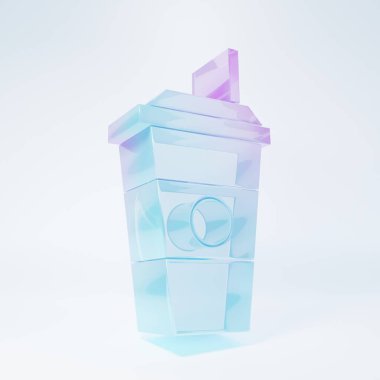 Beyaz arka planda izole edilmiş buzlu cam kahve fincanı ikonu. Tek kullanımlık kahve bardağı ve sıcak kahve. Minimalizm kavramı. 3 Boyutlu resimleme.