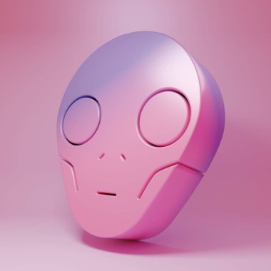 Purple-pink Alien icon isolated on pink background. Extraterrestrial alien face or head symbol. Minimalism concept. 3D render illustration.