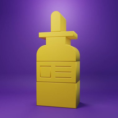 Mor arka planda izole edilmiş pipet ikonu olan sarı cam şişe. Tıbbi ve kozmetik ürünler için konteynır. Minimalizm kavramı. 3 Boyutlu resimleme.