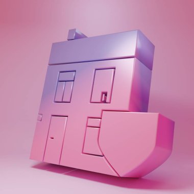 Pembe arka planda kalkan ikonu olan mor-pembe bir ev. Sigorta konsepti. Güvenlik, güvenlik, koruma, konsept koruma. Minimalizm kavramı. 3 Boyutlu resimleme.