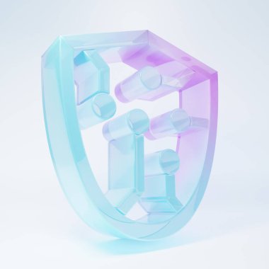 Beyaz arka planda izole edilmiş buzlu cam siber güvenlik ikonu. Kalkan işareti. Güvenlik kavramı. Dijital veri koruması. Minimalizm kavramı. 3 Boyutlu resimleme.