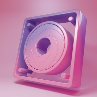 Pembe arka planda izole edilmiş mor-pembe bilgisayar ikonu. Bilgisayar donanım pervanesi. Minimalizm kavramı. 3 Boyutlu resimleme.