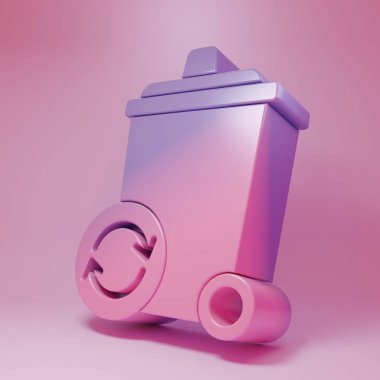 Pembe arka planda izole edilmiş geri dönüşüm sembolü olan mor-pembe geri dönüşüm kutusu. Çöp kutusu simgesi. Çöp kutusu tabelası. Geri dönüşüm sepeti işareti. Minimalizm kavramı. 3 Boyutlu resimleme.