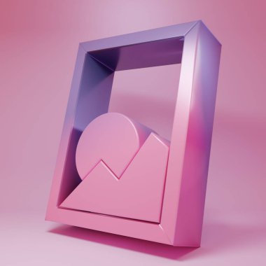 Pembe arkaplanda izole edilmiş mor-pembe manzara ikonu. Minimalizm kavramı. 3 Boyutlu resimleme.