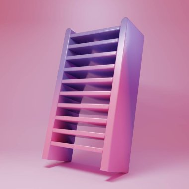 Pembe arka planda izole edilmiş mor tahta merdiven ikonu. Minimalizm kavramı. 3 Boyutlu resimleme.