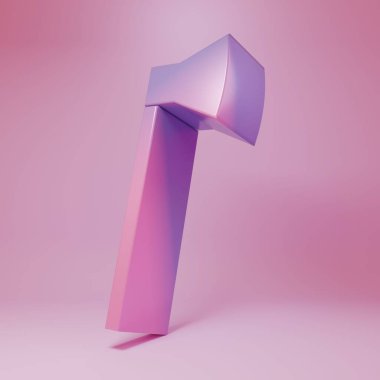 Pembe arka planda izole edilmiş mor-pembe tahta balta ikonu. Oduncu baltası. Minimalizm kavramı. 3 Boyutlu resimleme.