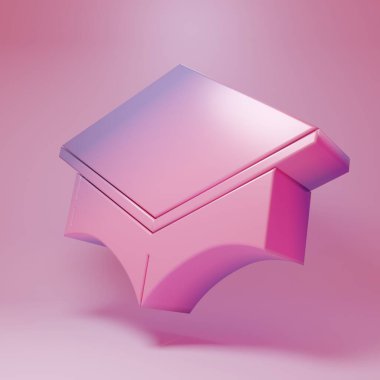Pembe arka planda Mor-pembe mezuniyet şapkası simgesi izole edildi. Tassel ikonlu mezuniyet şapkası. Minimalizm kavramı. 3 Boyutlu resimleme.