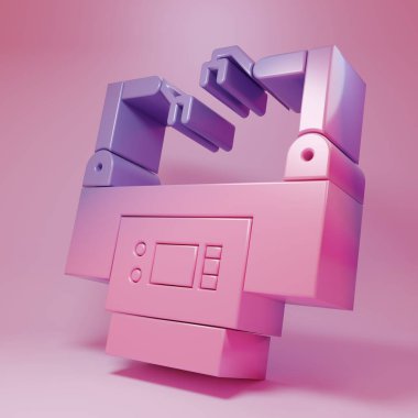 Pembe arka planda Mor-Pembe Assembly çizgi simgesi izole edildi. Otomatik üretim taşıyıcısı. Robot endüstrisi konsepti. Minimalizm kavramı. 3 Boyutlu resimleme.