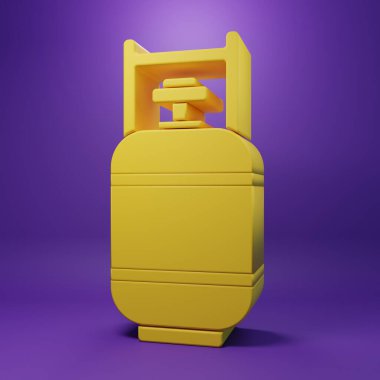 Sarı propan gaz tankı ikonu mor arkaplanda izole edilmiş. Yanabilir benzin deposu ikonu. Minimalizm kavramı. 3 Boyutlu resimleme.