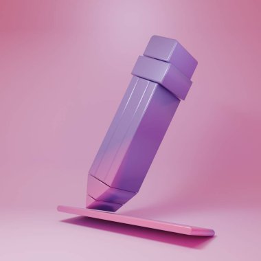 Silgi ve pembe arka planda izole edilmiş çizgi ikonu olan mor-pembe kalem. Eğitim işareti. Çizim ve eğitim araçları. Minimalizm kavramı. 3 Boyutlu resimleme.