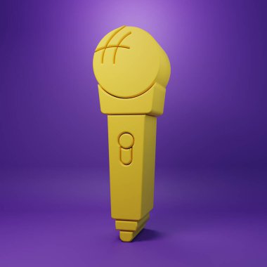 Sarı mikrofon simgesi mor arkaplanda izole edildi. Radyodaki mikrofondan. Sözcü işareti. Minimalizm kavramı. 3 Boyutlu resimleme.