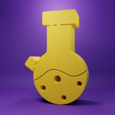 Sarı test tüpü ve mor arka planda izole edilmiş kimyasal test ikonu. Laboratuvar cam levhası. Minimalizm kavramı. 3 Boyutlu resimleme.