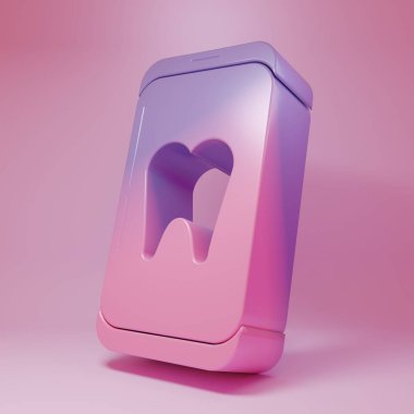 Pembe arka planda izole edilmiş mor-pembe diş bakımı ikonu. Diş hizmetleri danışma merkezi. Minimalizm kavramı. 3 Boyutlu resimleme.