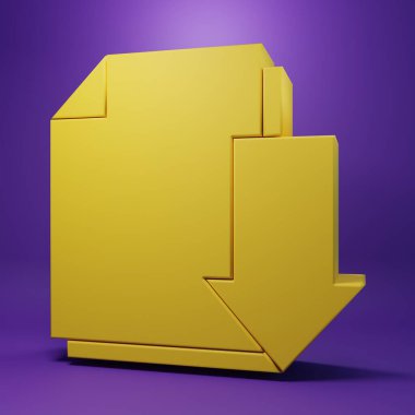 Mor arkaplanda izole edilmiş indirme simgesine sahip sarı belge. Dosya belgesi sembolü. Minimalizm kavramı. 3 Boyutlu resimleme.