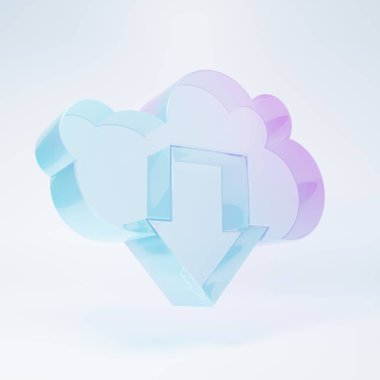 Frosted glass Cloud download icon isolated on white background. Minimalism concept. 3D render illustration.