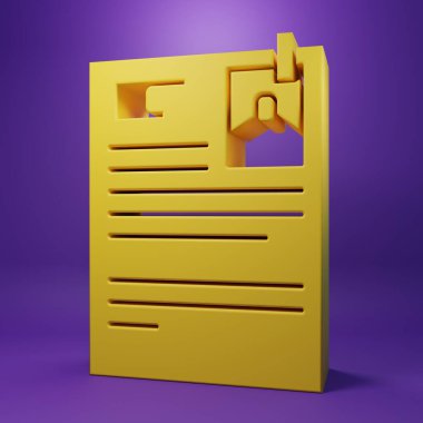 Sarı dava kağıdı simgesi mor arkaplanda izole edilmiş. Minimalizm kavramı. 3 Boyutlu resimleme.