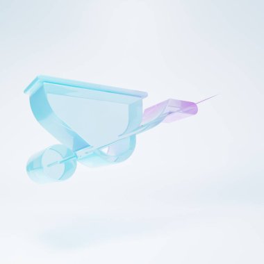 Beyaz arka planda izole edilmiş buzlu cam el arabası ikonu. Alet edevat. Tarım arabası tekerlek çiftliği. Minimalizm kavramı. 3 Boyutlu resimleme.