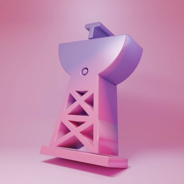 Purple-pink Satellite dish icon isolated on pink background. Radio antenna, astronomy and space research. Minimalism concept. 3D render illustration.