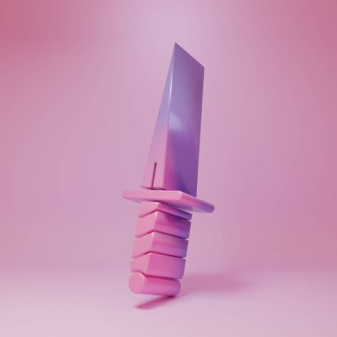 Pembe arka planda izole edilmiş mor-pembe hançer ikonu. Bıçak ikonu. Keskin bıçaklı kılıç. Minimalizm kavramı. 3 Boyutlu resimleme.