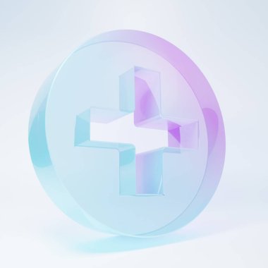 Buzlu cam haç hastanesi tıbbi ikonu beyaz arka planda izole edilmiş. İlk yardım. Teşhis sembolü. İlaç ve eczane işareti. Minimalizm kavramı. 3 Boyutlu resimleme.