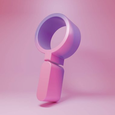 Purple-pink Magnifying glass icon isolated on pink background. Search, focus, zoom, business symbol. Minimalism concept. 3D render illustration.