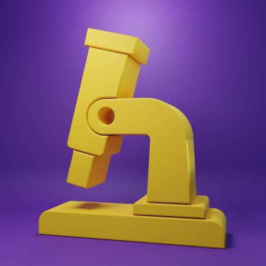 Sarı mikroskop simgesi mor arkaplanda izole edildi. Kimya, ilaç aleti, mikrobiyoloji büyütme aracı. Minimalizm kavramı. 3 Boyutlu resimleme.