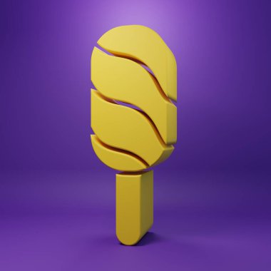 Sarı dondurma ikonu mor arkaplanda izole edilmiş. Güzel sembol. Minimalizm kavramı. 3 Boyutlu resimleme.