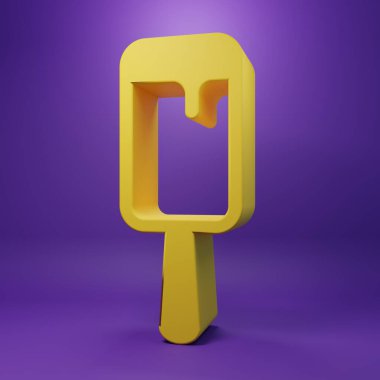 Sarı dondurma ikonu mor arkaplanda izole edilmiş. Güzel sembol. Minimalizm kavramı. 3 Boyutlu resimleme.