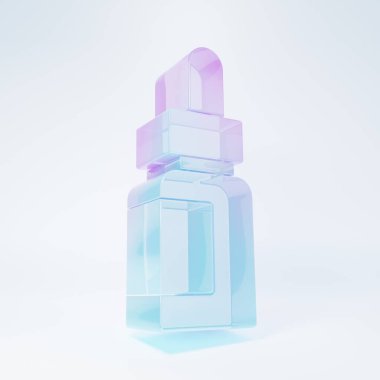 Buzlu cam esans yağ şişesi ikonu beyaz arka planda izole edilmiş. Organik aromaterapi özü. Cilt bakımı serumu cam bırakma paketi. Minimalizm kavramı. 3 Boyutlu resimleme .