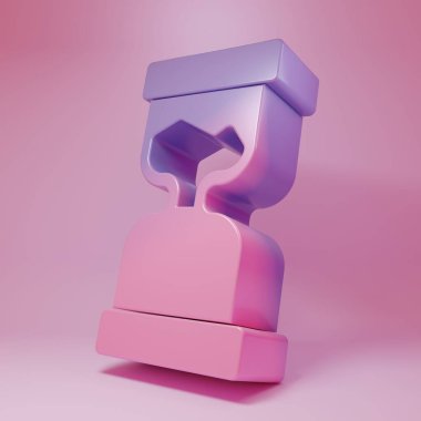 Purple-pink Old hourglass with flowing sand icon isolated on pink background. Sand clock sign. Business and time management concept. Minimalism concept. 3D render illustration .